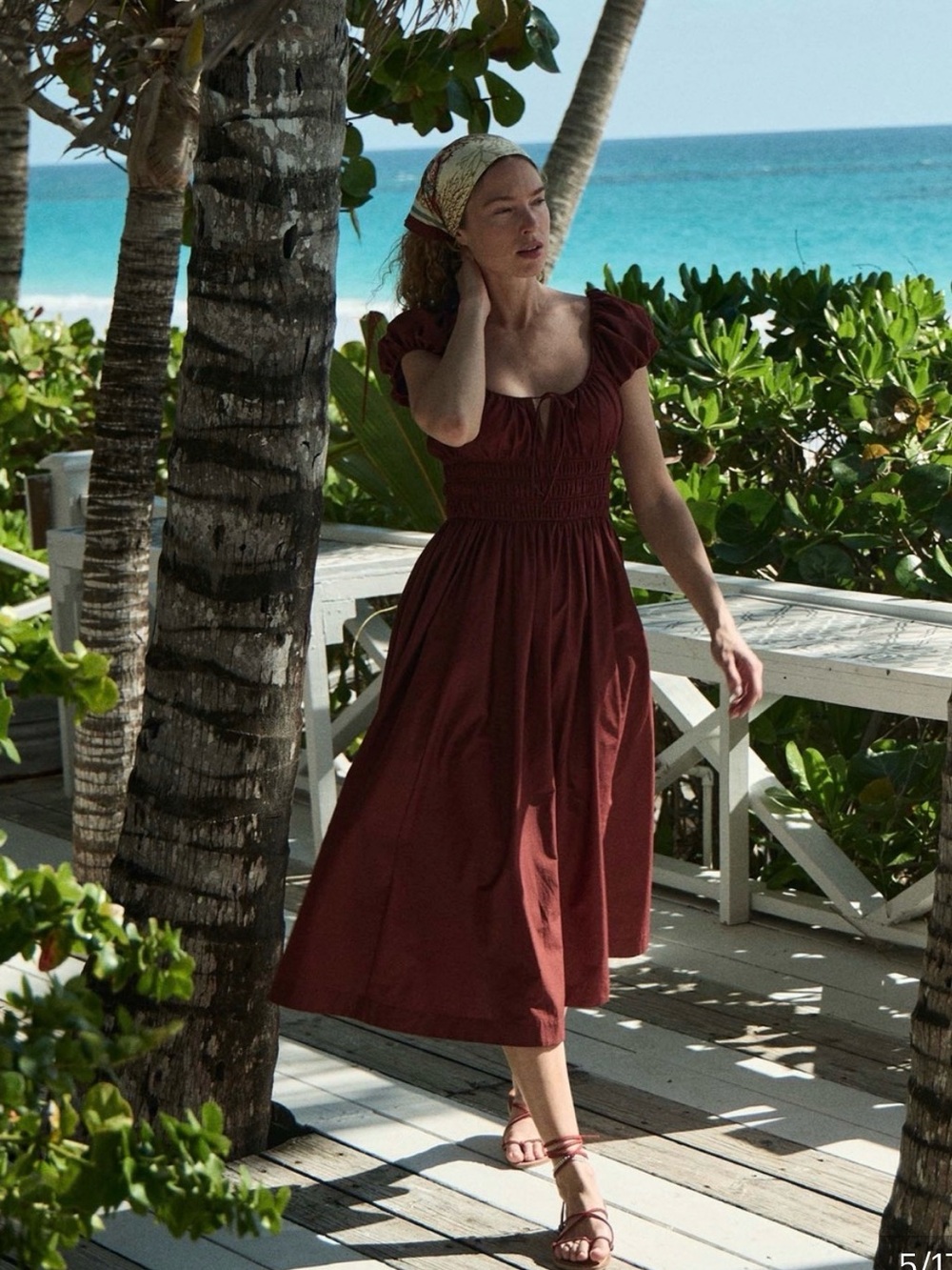 Doen Burgundy Puff-Sleeve Midi Dress